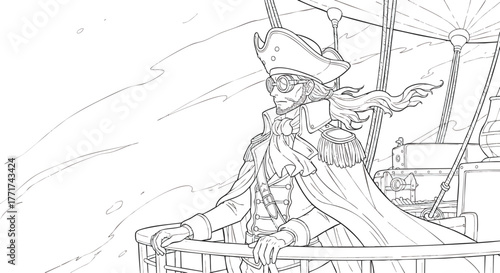 A pirate standing on a ship's deck, sailing through the ocean, with a cape flowing in the wind