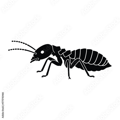 Detailed silhouette of a termite, showcasing its segmented body, antennae, and legs, , providing a clear and precise representation of this insect