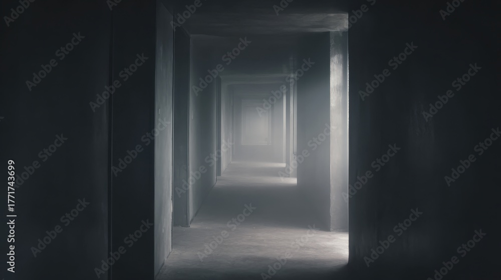 Fototapeta premium veil. A foggy grey corridor with distant doorways and soft, diffused lighting. real-estate listings, architecture portfolios, designed for real-estate listing and luxury residence showcases.