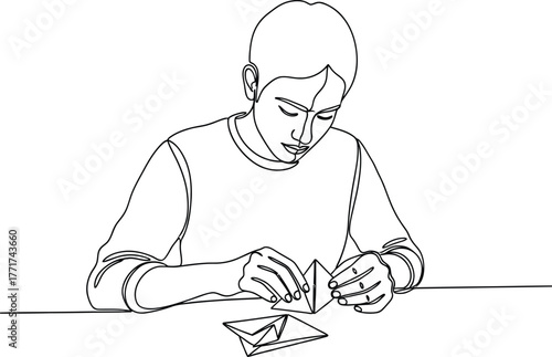 Focused Young Boy Concentrating on Folding Origami Paper Craft, Simple Line Art Style