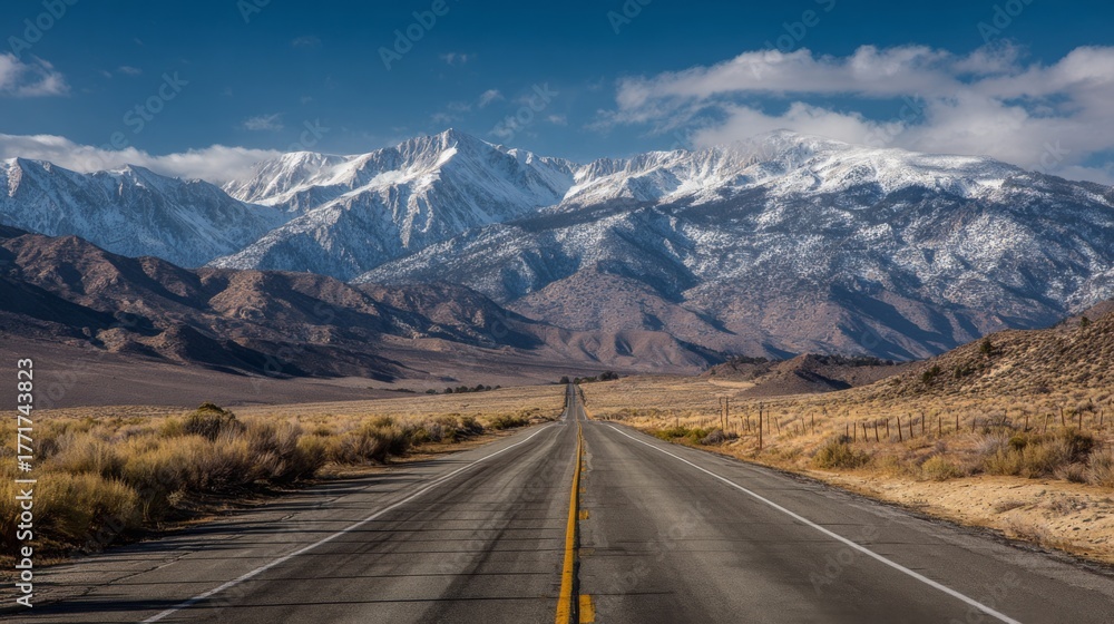Naklejka premium Serene highway stretching towards majestic snow-capped mountains under a bright blue sky with scattered clouds in a wide open landscape
