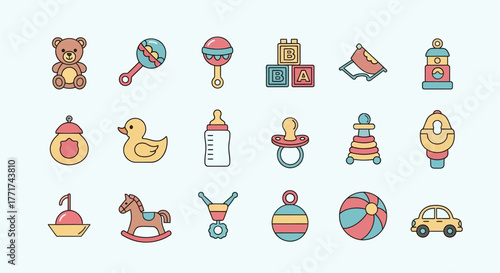 Collection of Baby Toys Icons: Teddy Bear, Rattle, Blocks, Pacifier, Duck