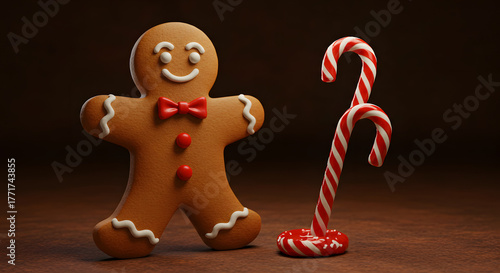 Happy gingerbread man cookie with a red bow tie and a candy cane.