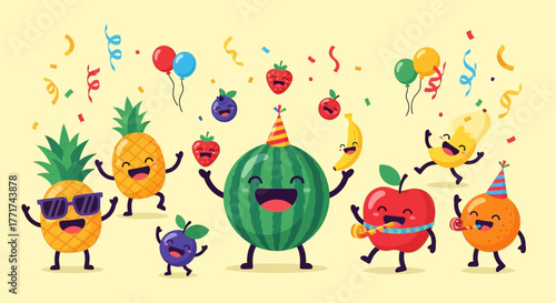 Cartoon Fruits Celebrating: Pineapple, Watermelon, Apple, Banana, Orange, Blueberry, Strawberry