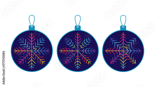 New Year's toys with snowflakes, holiday decorations, glass Christmas toys with string for the New Year tree