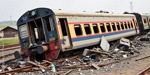 A derailed train lies on its side, amidst scattered debris,  overturned,  chaos