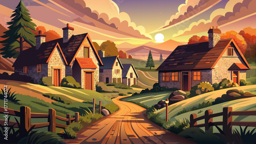 vintage vector of an old countryside village with stone cottages, wooden fences, dirt road, warm sunset light, calm nostalgic atmosphere, detailed textures, peaceful rural life scene