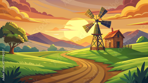 vector of an old windmill beside a dirt road, surrounded by green meadows, warm golden light, peaceful nostalgic countryside feeling