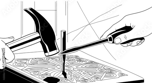 Hands using hammer and chisel for intricate metal engraving.