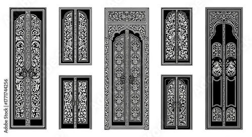 Intricate architectural door and window designs with detailed carvings and patterns.