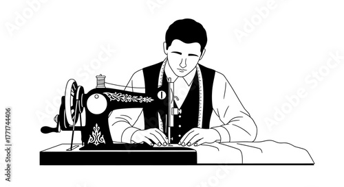 Man diligently sewing clothes with a vintage sewing machine at work.