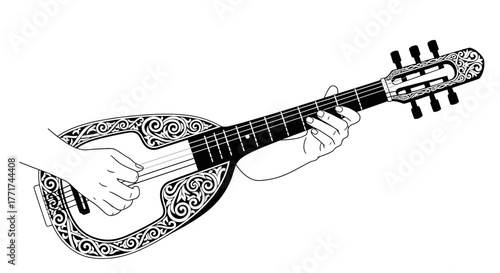 Line art illustration of hands playing a decorative stringed instrument.