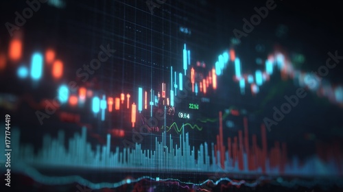 Abstract representation of financial market trends, showcasing vibrant candlestick charts, data analysis, and vivid colors in a digital display, conveying economic activity.