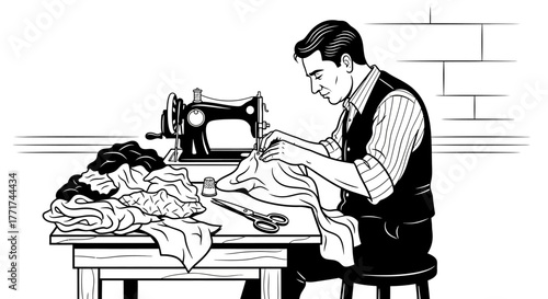 Man meticulously sewing fabric at his workstation.