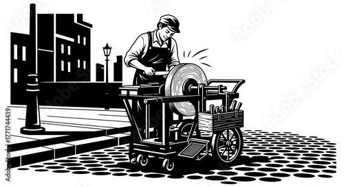 Man Sharpening Blade on Grinding Wheel Cart.