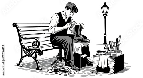 Monochrome Illustration of a Cobbler Repairing Shoes on a Bench.