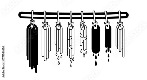 Monochrome line art illustration of wet items hanging and dripping.