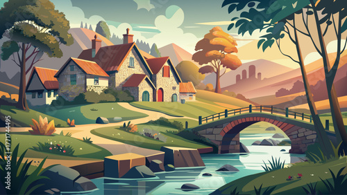 vintage landscape of a small bridge over a quiet river, stone houses nearby, warm morning mist, detailed rural textures, nostalgic countryside vibe