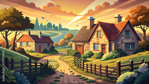 vintage vector of an old countryside village with stone cottages, wooden fences, dirt road, warm sunset light, calm nostalgic atmosphere, detailed textures, peaceful rural life scene