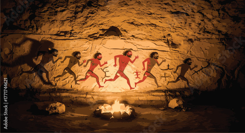 Ancient cave painting depicting tribal figures dancing around a fire in a dimly lit cave environment viewed from a distance