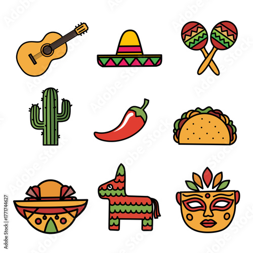 Flat Design Cultural Element Mexican Traditional Icon Set with Vibrant Colors