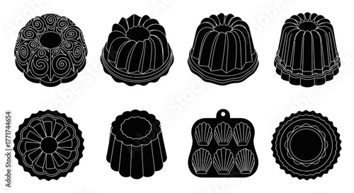 Set of various fluted cake and pudding mold silhouettes.