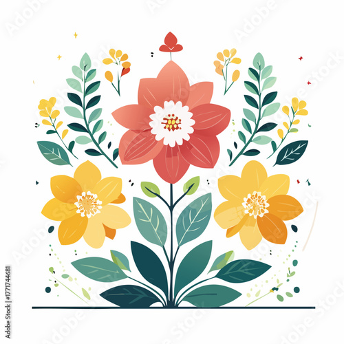 Floral Design Illustration Colorful Arrangement of Flowers and Foliage for Decorative Use