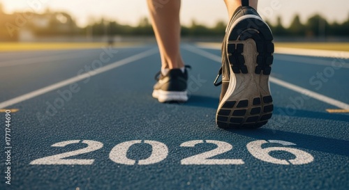 Runner s feet on a track with the year 2026 painted on the lane