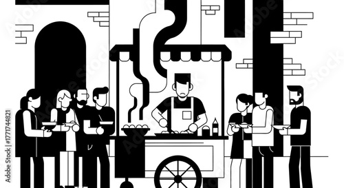 Street Food Vendor Serving Customers in a City Setting.