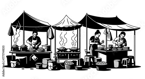 Street food vendors preparing meals at their stalls for customers.