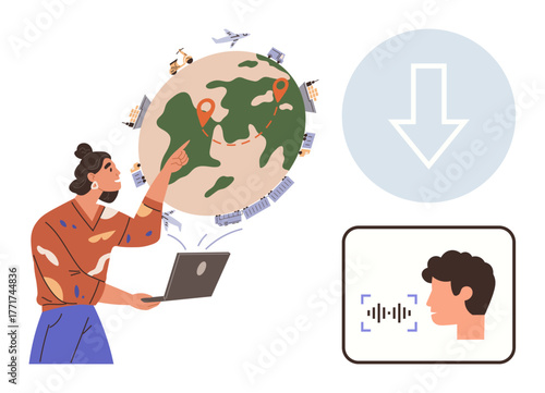 Woman pointing at globe with locations, supported by vehicles and maps, laptop, download arrow, and voice recognition icon. Ideal for global connectivity, technology, logistics, voice command data