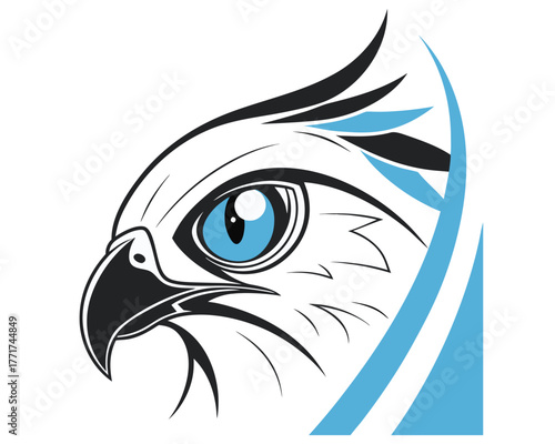 A dynamic, stylized illustration of a hawk's head in profile, featuring striking blue eyes and abstract blue wing elements