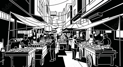 Street market scene with vendors and customers in black and white.