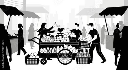 Street vendor selling fresh produce from a cart with customers browsing.