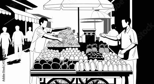 Street vendor selling fresh fruits from a cart to a customer.