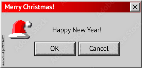 Merry Christmas themed dialogue box with Santa red hat. Abstract vaporwave, y2k aesthetics window with 90s style system message