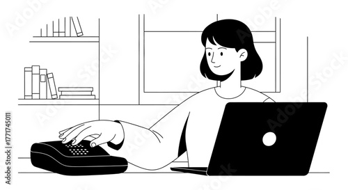 Woman working from home with laptop and landline phone.