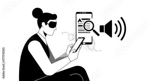 Woman with visual impairment using smartphone with accessibility features.