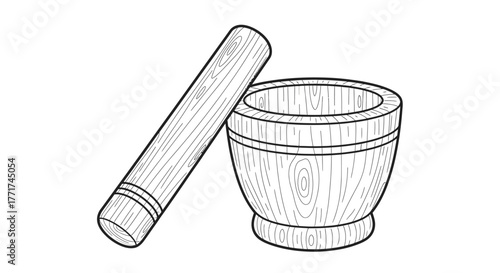 Wooden Mortar and Pestle Outline Drawing for Grinding Spices.