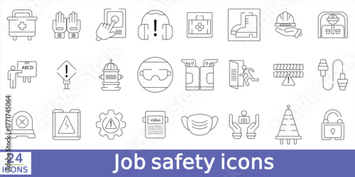 A collection of job safety icons, featuring tools, protective gear, and emergency