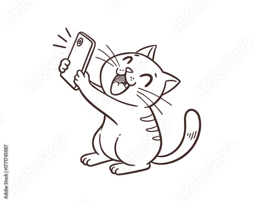 A whimsical line drawing of a smiling cat holding a smartphone and taking a selfie with a cheerful expression.