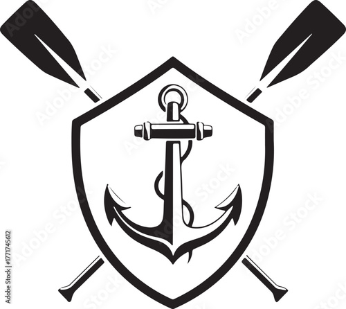Nautical Emblem with Anchor and Crossed Oars Black and White shield