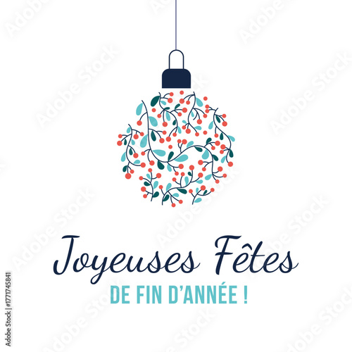 Boule de Noël végétale avec branches, baies rouges et feuilles bleues – Joyeuses fêtes de fin d’année