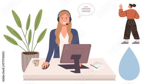 Woman with headset at computer assisting clients, cup and documents on desk, coworker pointing, large leaf plant for decor. Ideal for teamwork, communication, support, remote work, collaboration