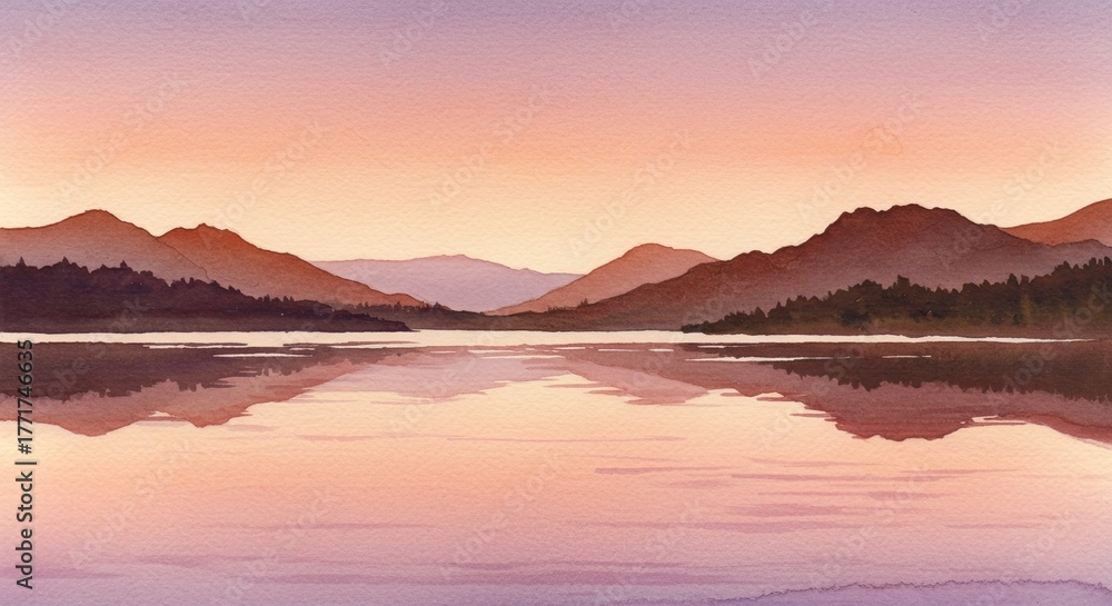 Obraz premium Watercolor painting of mountains reflecting on a calm lake , trending, fashion, lifestyle