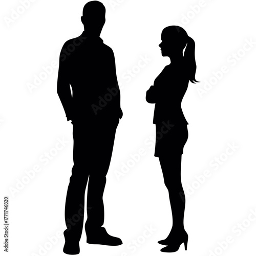 Silhouette of a man standing with hands in pockets and a woman with arms crossed facing each other created with generated ai