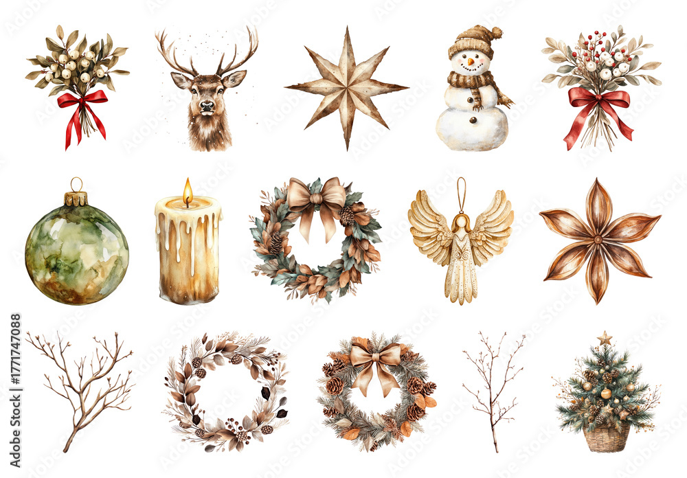 Obraz premium PNG Vintage Christmas holiday decoration illustrations, element set on transparent background