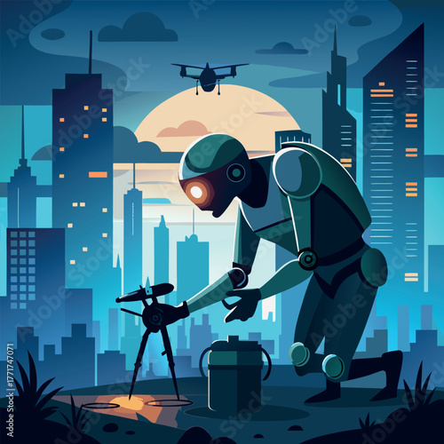 Silhouette of a humanoid robot repairing a flying drone under city lights