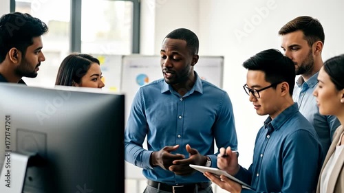 A group meeting in a modern office where a diverse team discusses ideas and strategies
