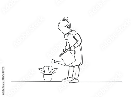 Girl watering the plant outline draw illustration. Continuous line art drawing of child character watering the plant. Editable stroke.